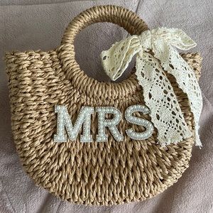 Bride Straw Purse with Rhinestone Pearl Letter Patches and Bow